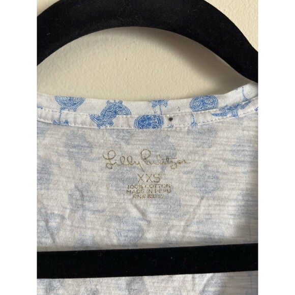 Lilly Pulitzer XXS V Neck Top Sea Turtle Print White Blue Nautical Preppy Cotton - Picture 2 of 6